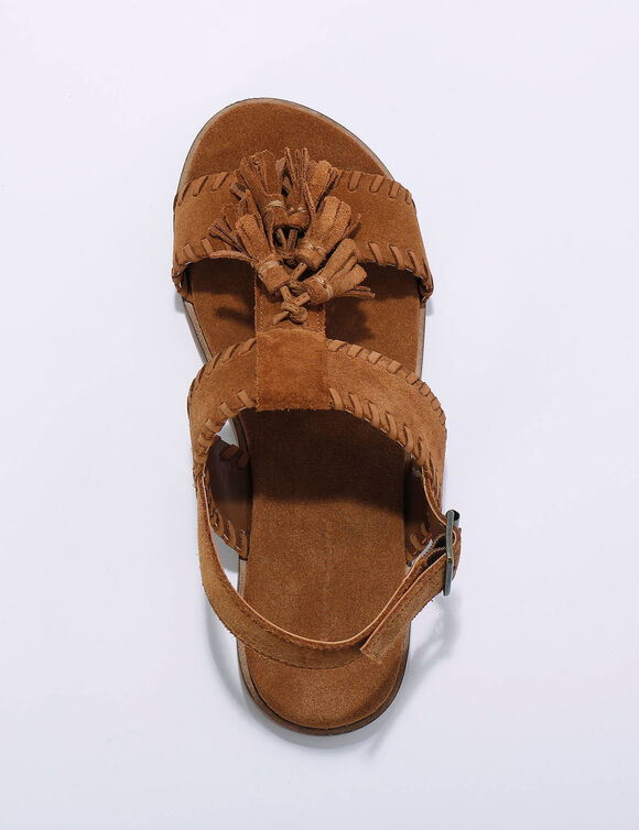 Leren sandalen met pompons (karamel)