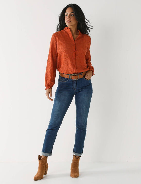 Blouse col montant volantée, dentelle (caramel)