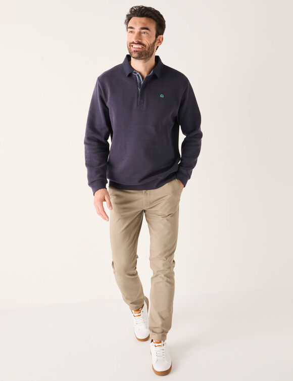 Sweat chaud col polo brodé poitrine maille côtelée (marine)