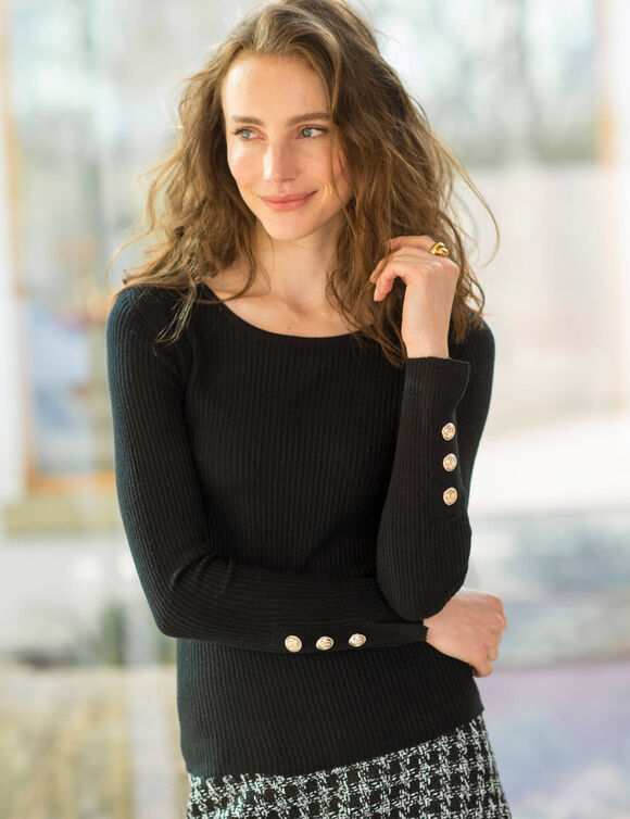 Trui in kouseribbeltricot, met officiersknopen (zwart)