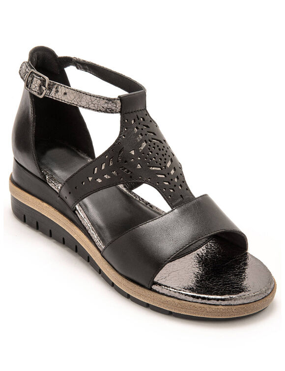Leren sandalen met ajour en pailletten, extra breed (zwart)