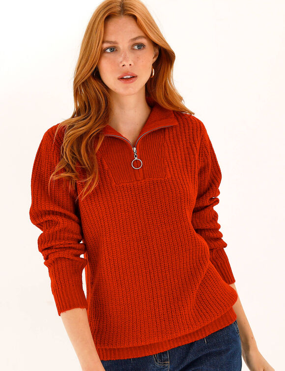 Pull col zipp&eacute;, maille anglaise (rouge)