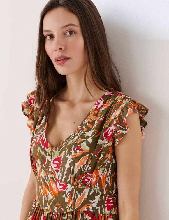 Robe longue imprim&eacute;e sans manches (kaki / paprika)