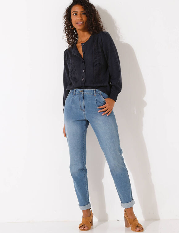 Cardigan boutonn&eacute;, maille ajour&eacute;e (marine)