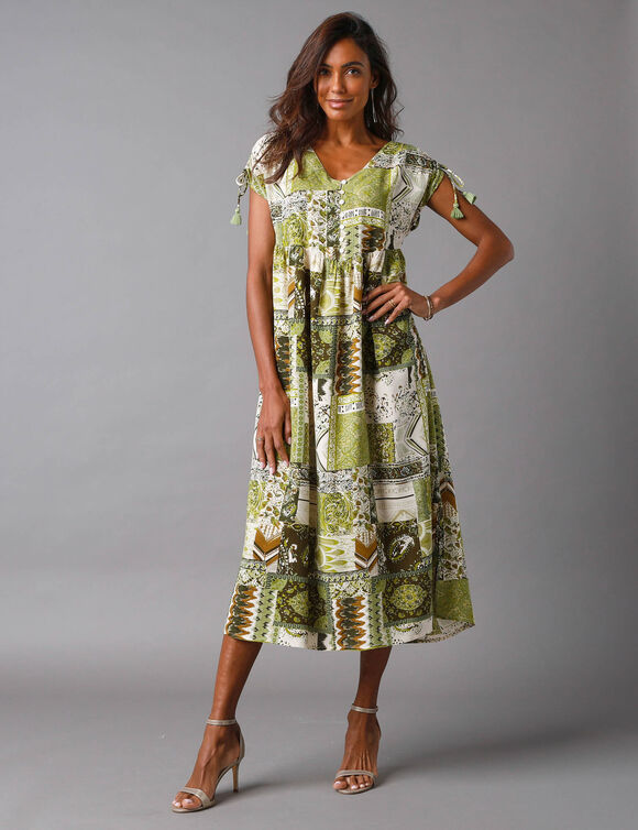Robe mi-longue imprimée, manches courte (kaki / vert mousse)