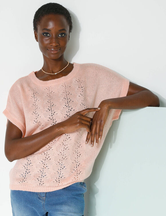 Pull manches courtes, maille ajourée (rose pâle)
