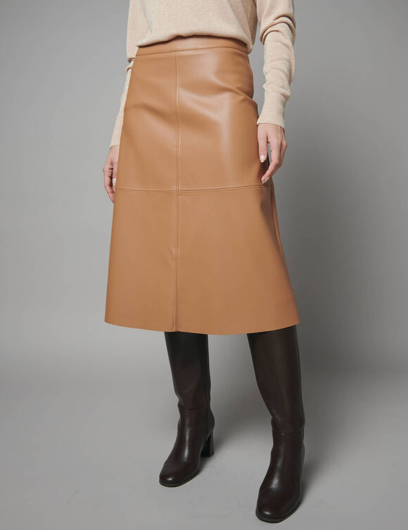 Halflange uitlopende rok, met leerlook** (karamel)