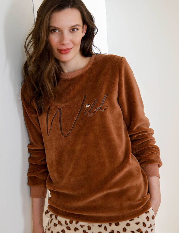 Pyjama manches longues en polaire, imprim&eacute; "wild" (noisette)