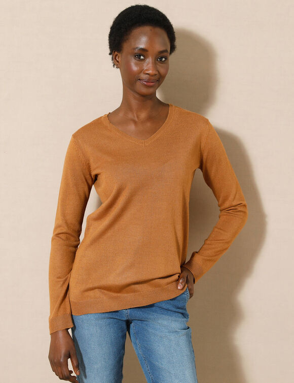 Pull col V, toucher doux (noisette)