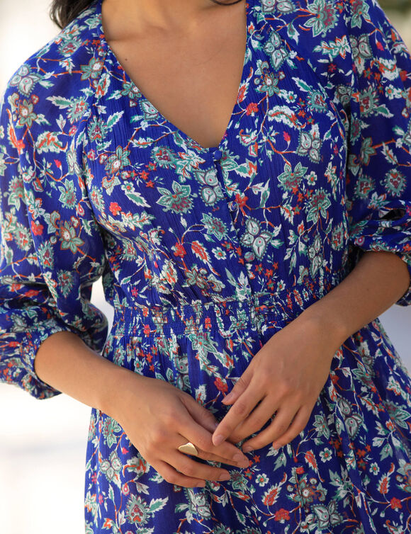 Robe longue boutonnée imprimée crépon (bleu / vert)