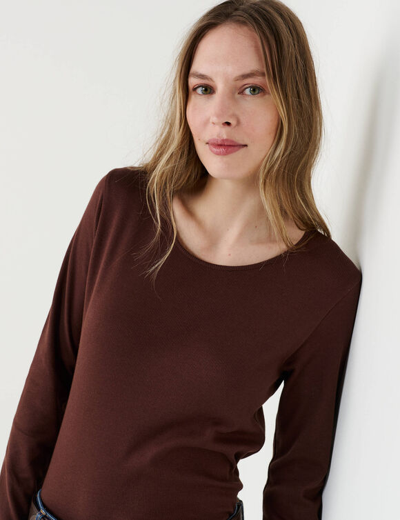 T-shirt col rond en maille c&ocirc;tel&eacute;e, manches longues (chocolat)