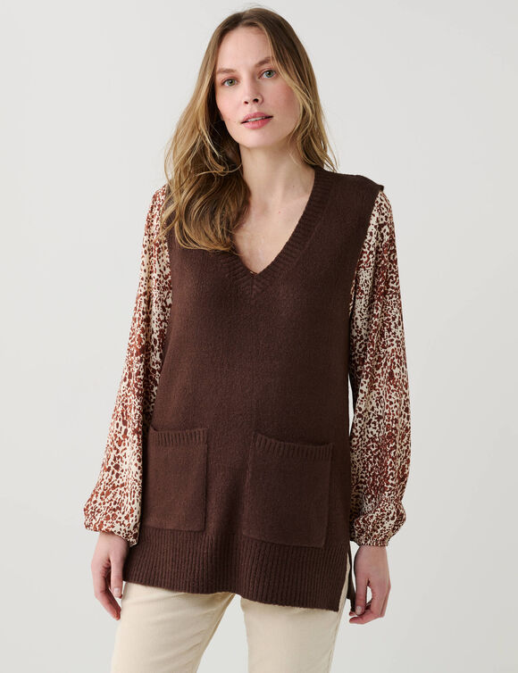 Pull tunique sans manches col V, maille moelleuse (chocolat)