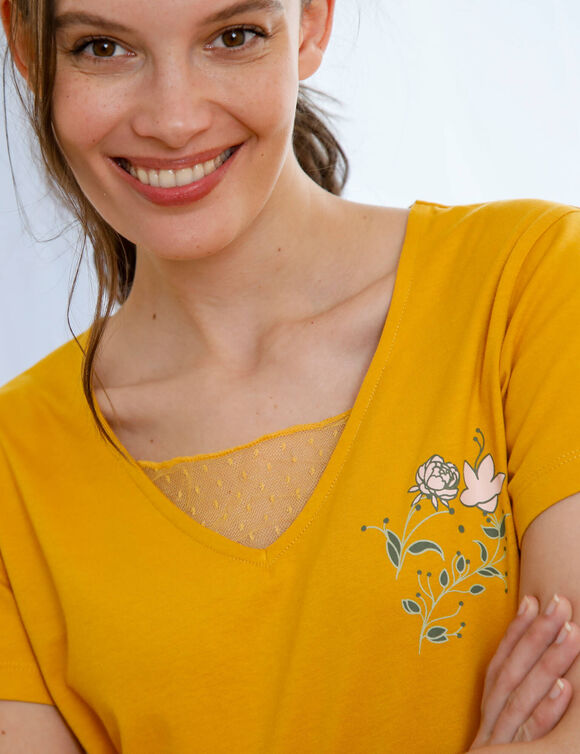 T- shirt pyjama manches courtes motif floral imprim&eacute;  (miel)
