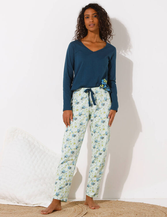 Pyjamashirt met lange mouwen en geplaatste bloemblaadjesprint (donkerblauw)