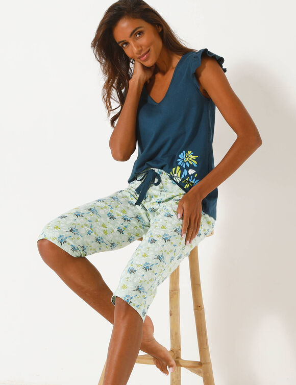 Pyjamashirt met korte mouwen en geplaatste bloemblaadjesprint (donkerblauw)