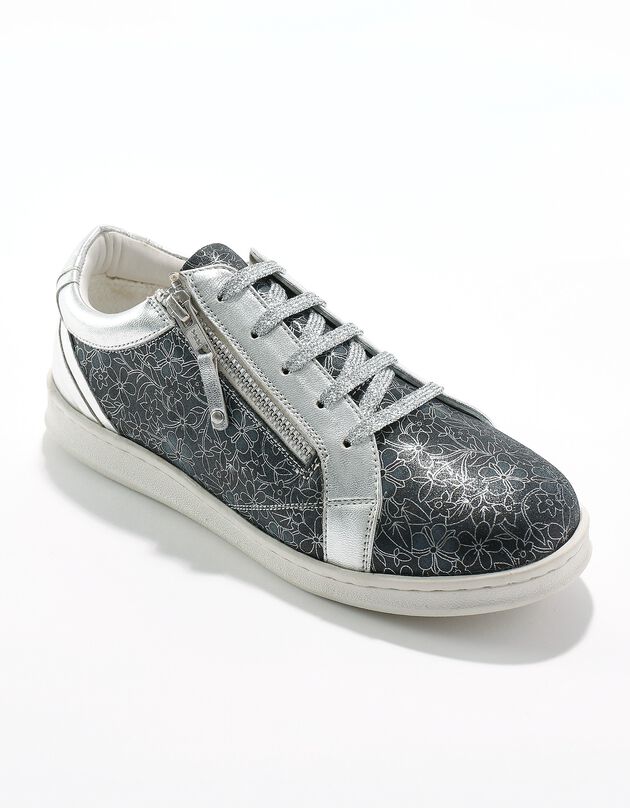 Leren sneakers met rits en bloemenprint, zilverkleur (blauw / grijs)