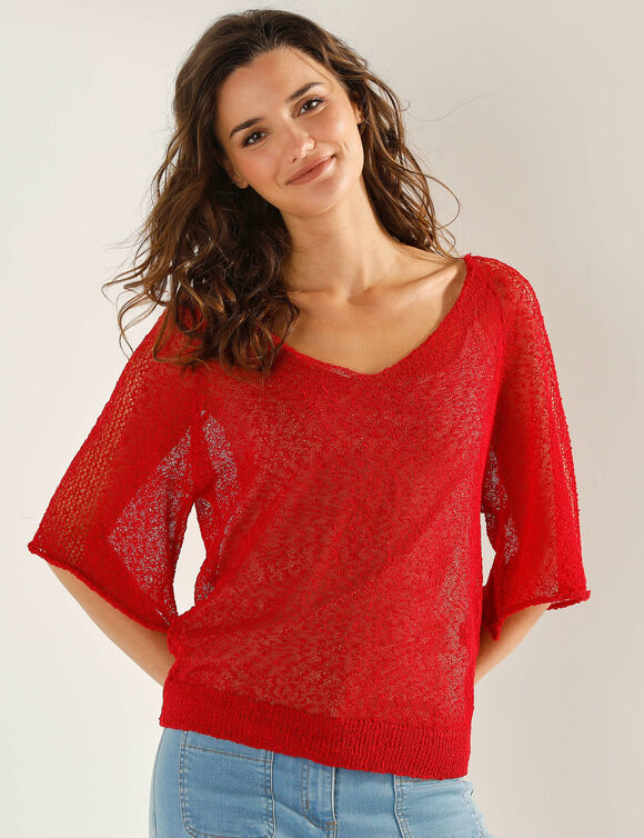 Pull loose manches coude, maille fantaisie (rood)
