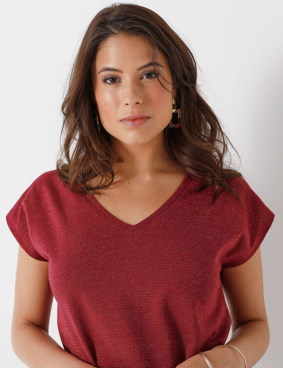 T-shirt col V, maille fantaisie brillante (bordeaux)