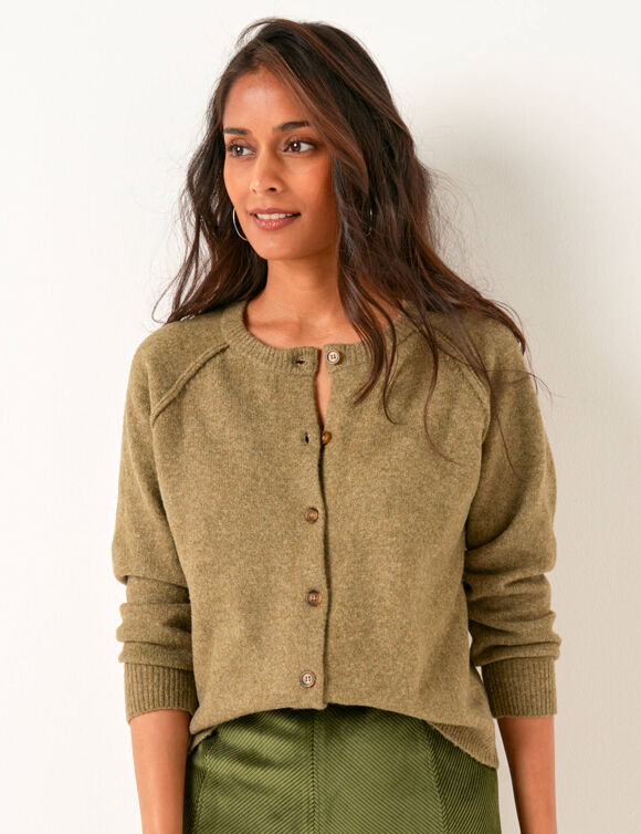 Gilet boutonn&eacute;, maille moelleuse en laine m&eacute;lang&eacute;e (kaki clair)