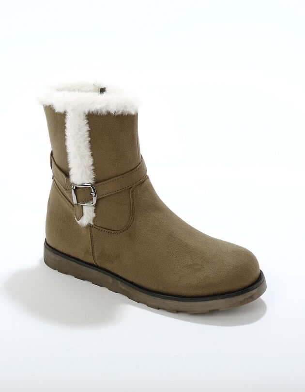 Bottines fourrées zippées à col fausse fourrure et boucle (kaki)