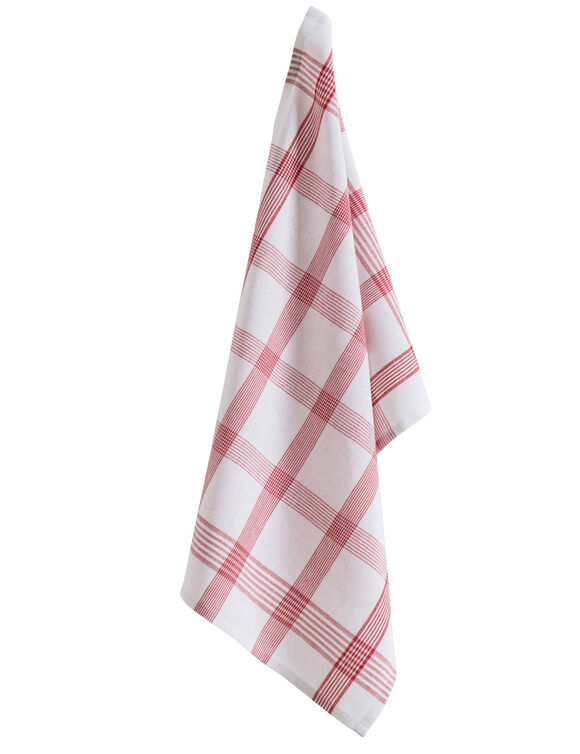 Geruite droogdoeken met ingeweven motieven - sets (vlaskleur + rood)