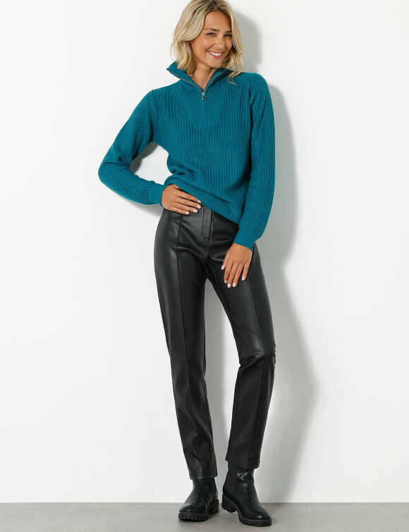 Pull col camionneur zippé maille anglasie (bleu pétrole)
