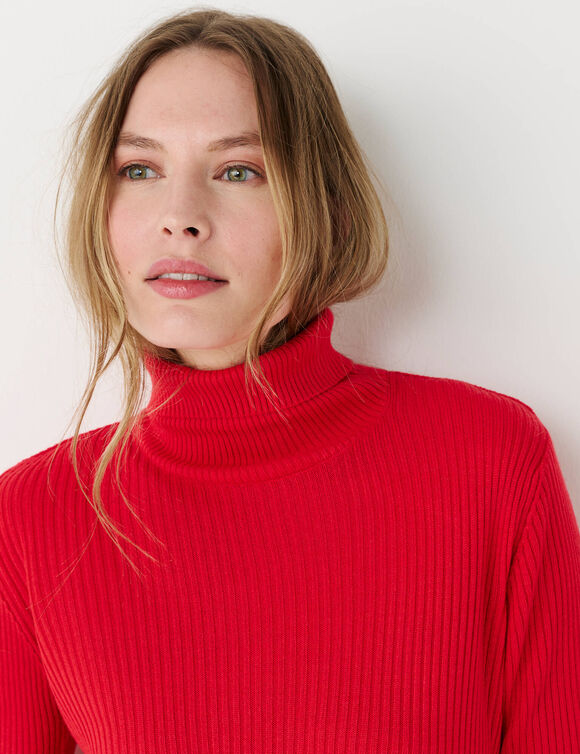 Pull col roul&eacute;, maille c&ocirc;tel&eacute;e (rouge)
