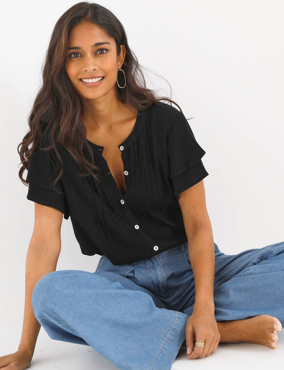 Chemisier manches courtes papillon, cr&eacute;pon (noir)