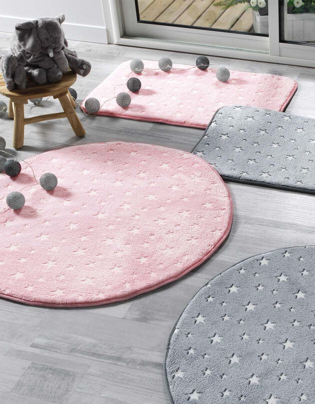 Tapis flanelle imprimé étoiles phosphorescentes - rond (rose)