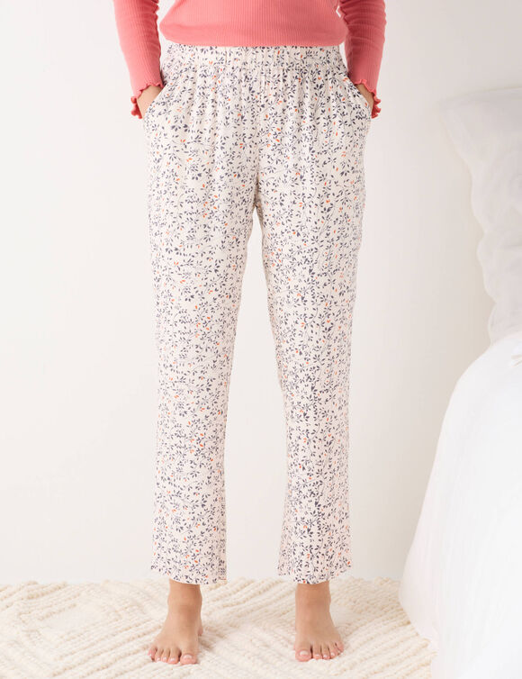 Pyjamabroek met floraal bedrukking (ecru / grijs)