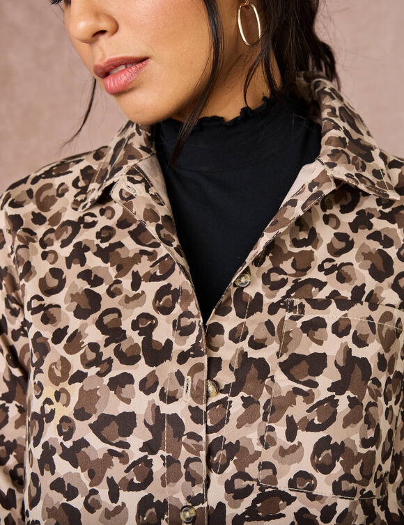 Robe-chemisier imprimée peau de bête, manches longues (taupe)