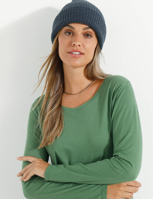 T-shirt col rond manches longues uni (vert mousse)