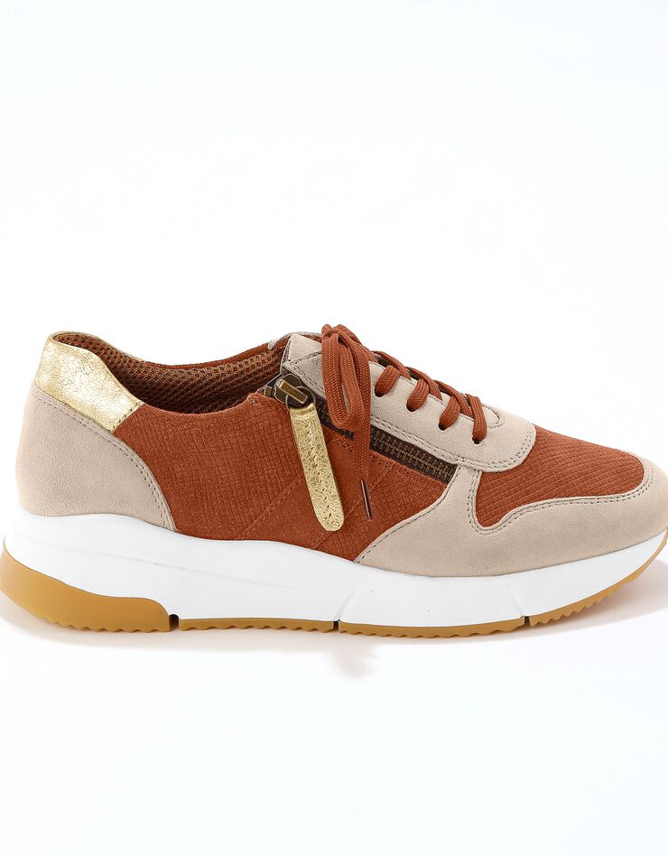 Baskets style running zippées en cuir bimatière femme - brique, brique Baskets style running zippées en cuir bimatière femme - brique, brique, hi-res image number 4
