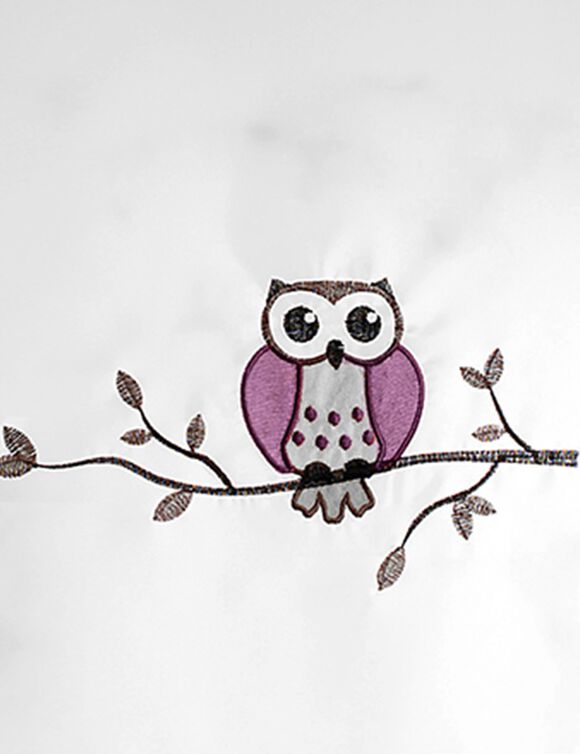 Vitrage brodé chouette forme pointe pompon finition passe-tringle (prune / gris)