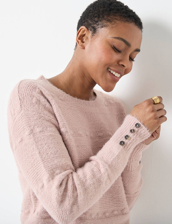 Pull col rond, maille poilue fantaisie (rose poudré)