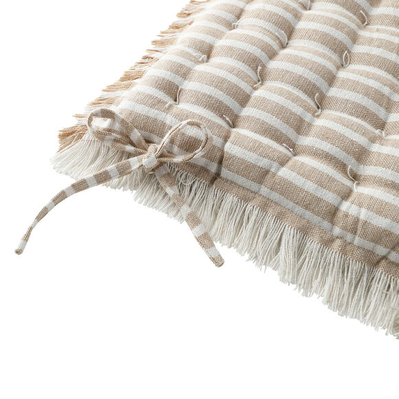 Vierkant, gestreept stoelkussentje met franjes - set van 2 (beige)