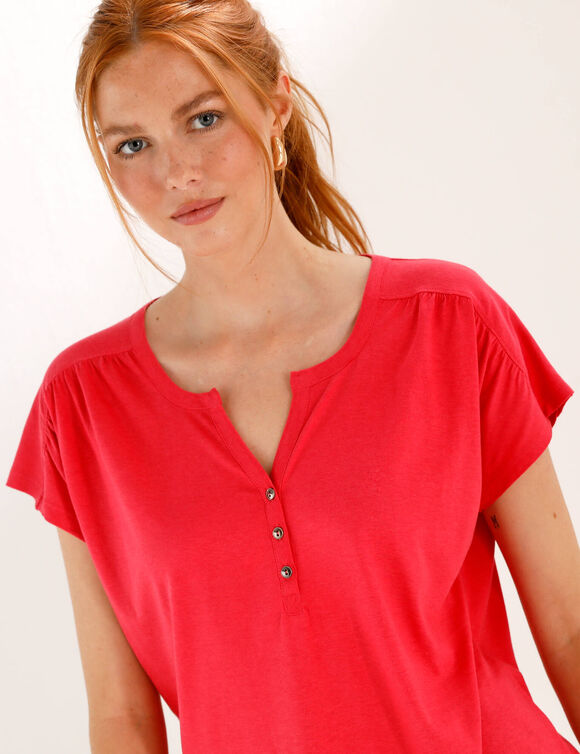 Tee-shirt col tunisien manches courtes, uni (rose indien)