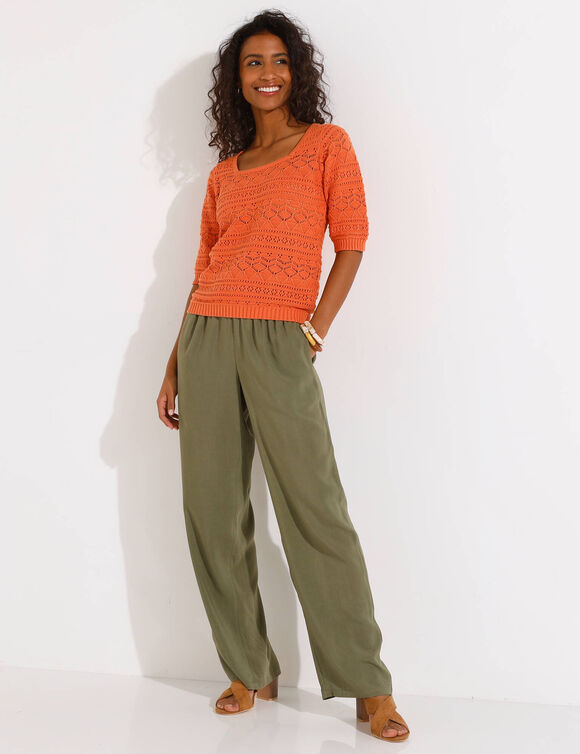 Pull col carré uni, maille ajourée (mandarine)
