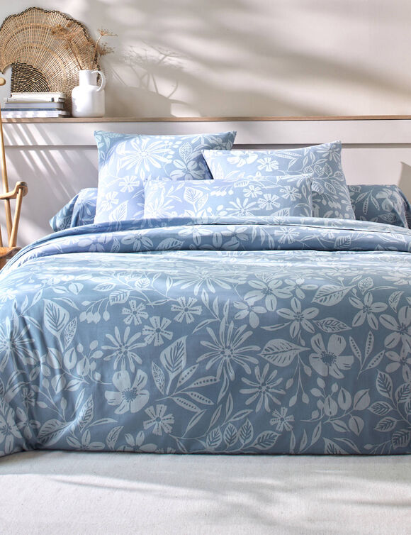 Linge de lit Céline en coton imprimé floral (bleu grisé)