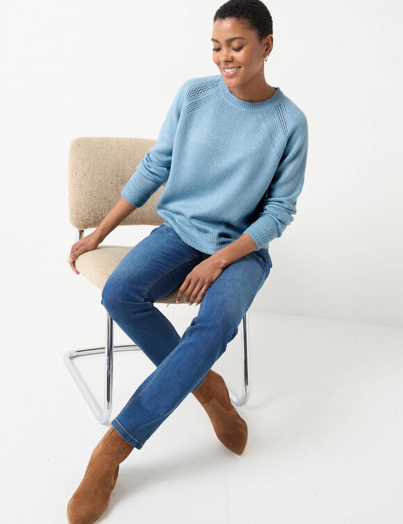 Pull col rond, maille fantaisie toucher doux (bleu gris&eacute;)