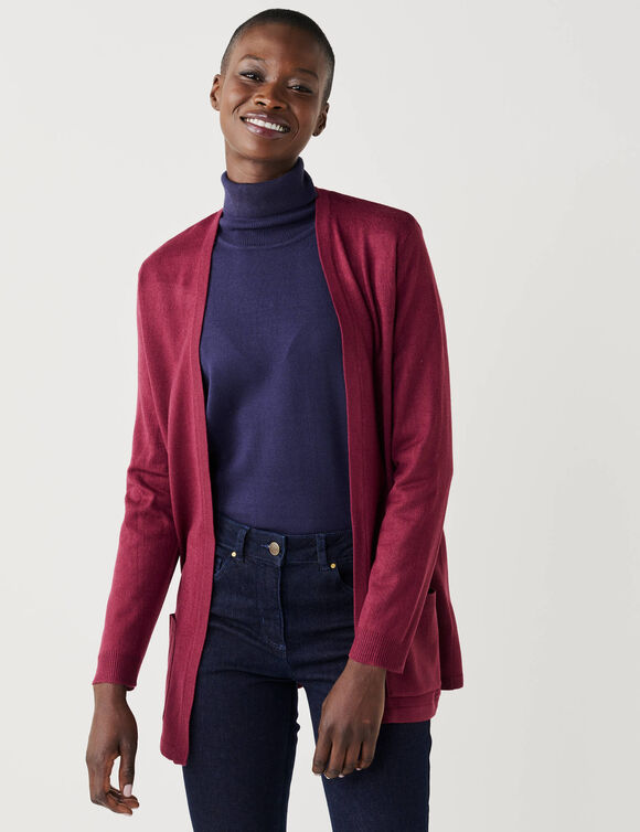 Gilet porter ouvert, maille toucher doux (prune)