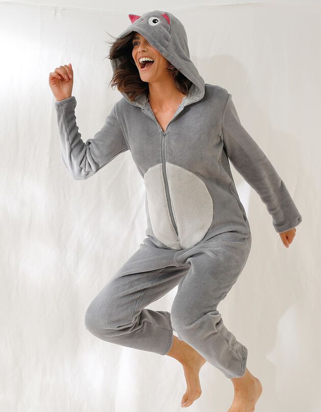 Combinaison polaire « Kigurumi » oreilles de chat (gris)