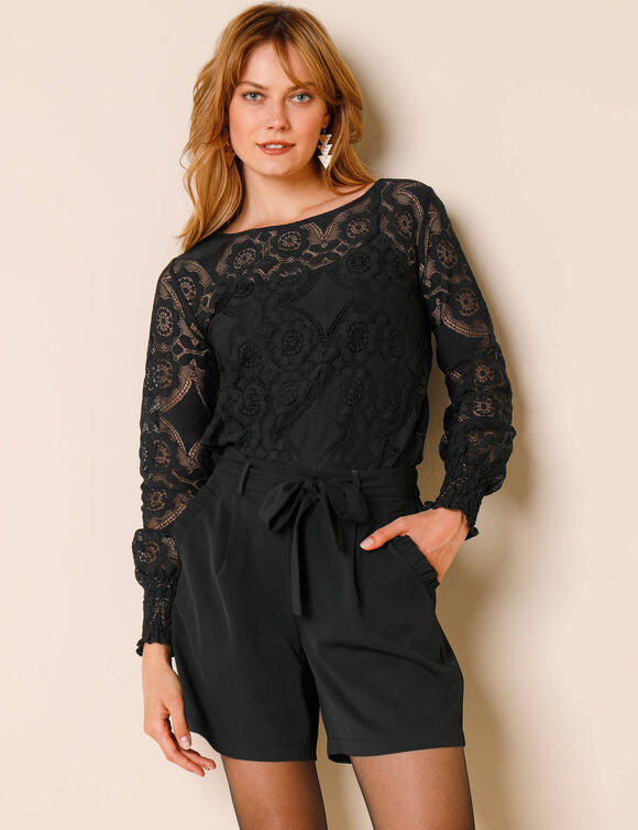T-shirt dentelle manches longues blousantes (noir)