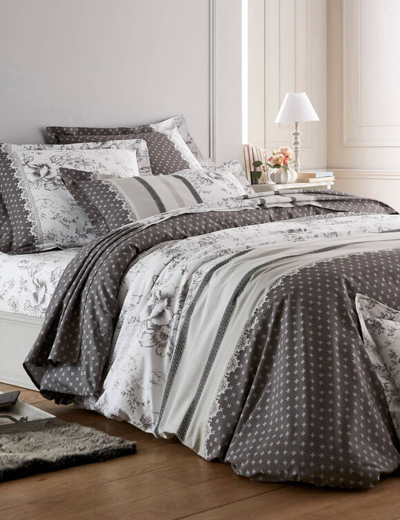 Linge de lit Gabrielle en coton imprimé pois, fleurs et dentelle (gris)