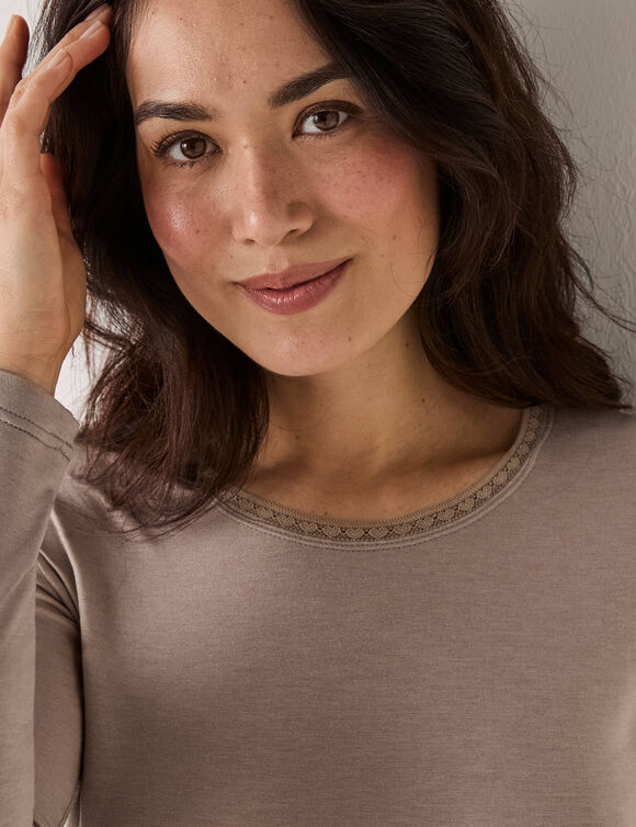 T-shirt chaleur manches longues en laine mélangée (taupe clair)