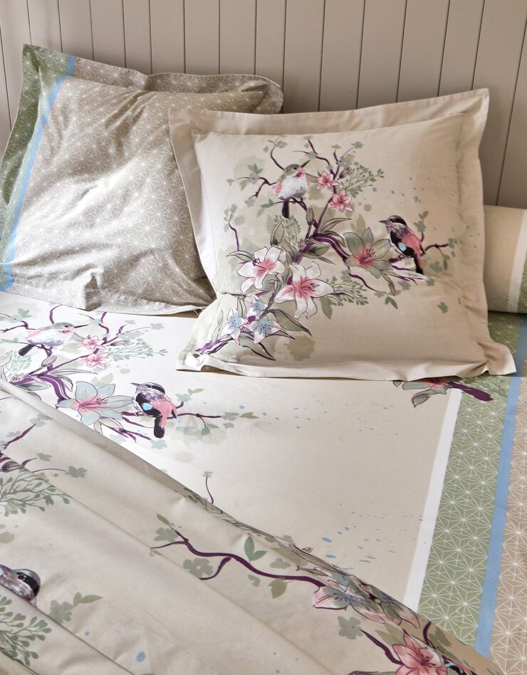 Linge de lit Birdy en coton imprimé oiseaux (sable)