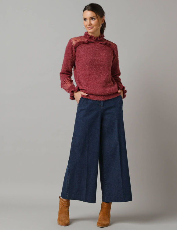 Pull col montant volanté, maille poilue et tulle brodé (figue)