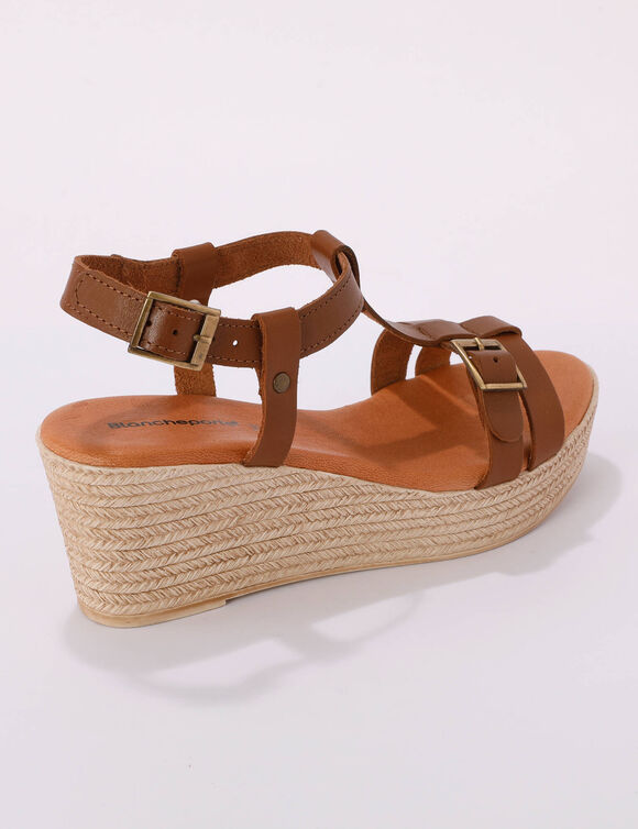 Sandales compens&eacute;es en cuir (marron)