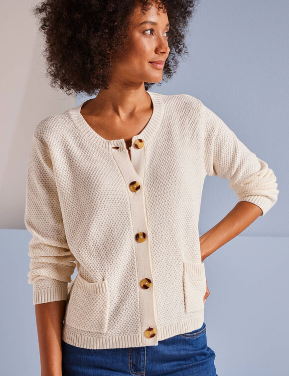 Gilet paletot maille fantaisie, boutons effet corne (&eacute;cru)