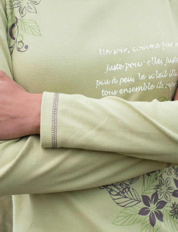 T shirt manches longues imprim&eacute; fleuri (vert tilleul)